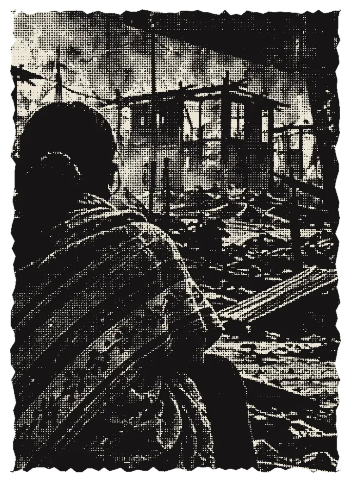A woman sitting before her burning village